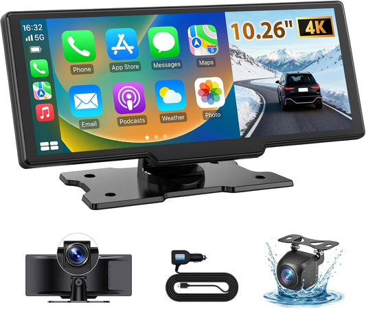 10.26" Wireless CarPlay Screen for Car with 4K Dash Cam&1080P Backup Camera