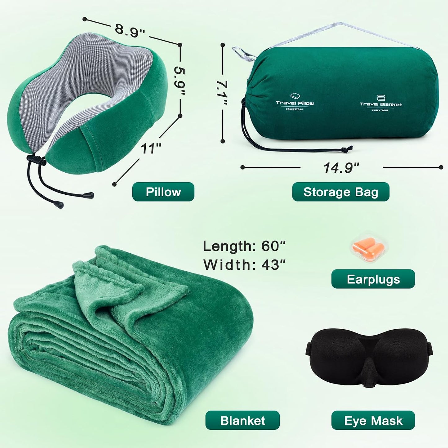 urnexttour Travel Pillow and Blanket Set Neck Pillows Travel Essentials with Sleep Mask for Airplane Car Memory Foam Green