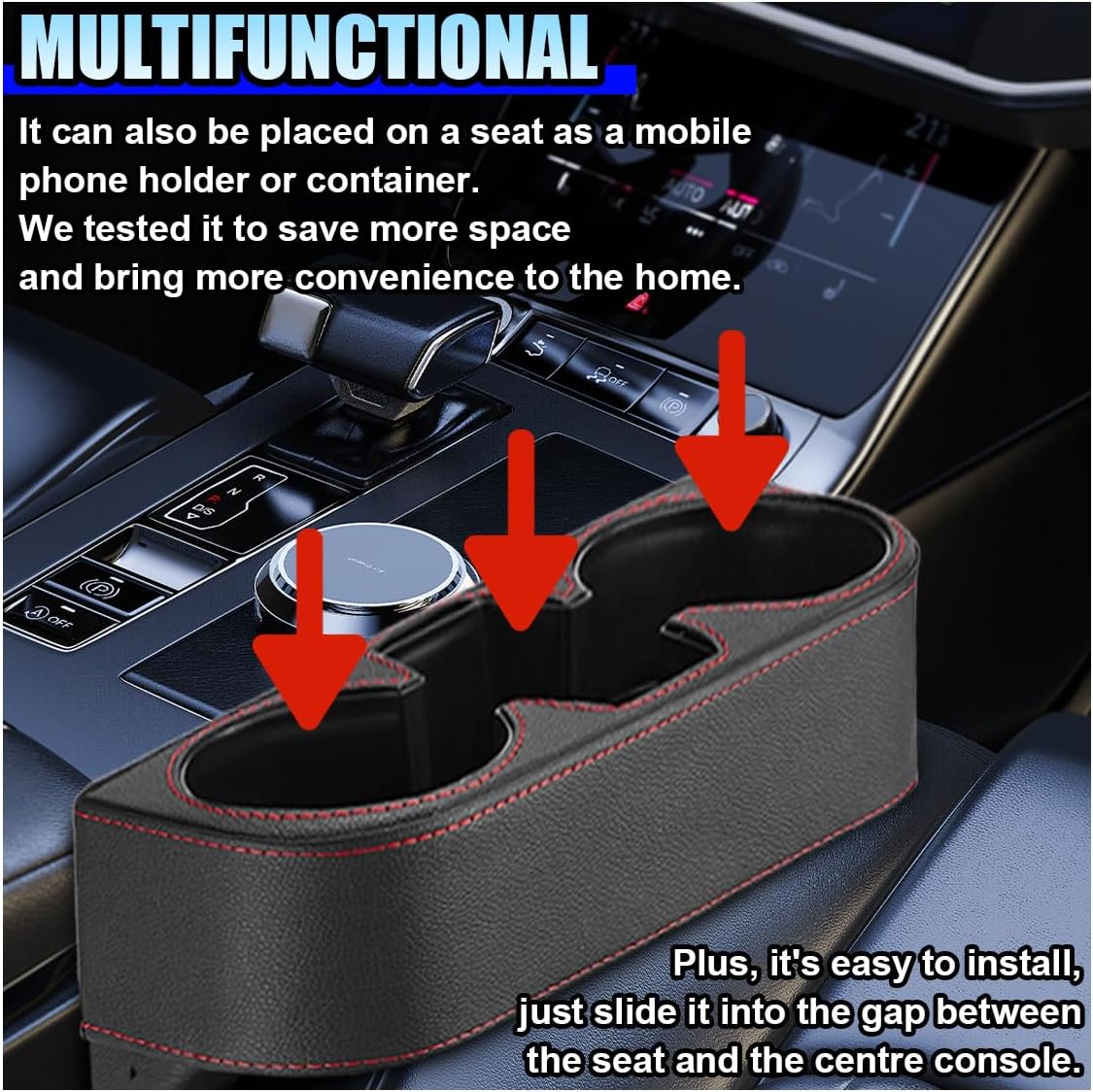 ZIMISI Car Cup Holder, Leather Front Console Gap Filler Organizer (Black) | Car Seat Gap Filler Storage Box, Multifunctional Car Cup Drink Holder, Coin Bucket, Cell Mobile Phone Holder