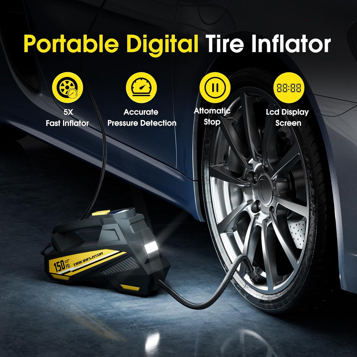 FLYKID Tire Inflator Portable Air Compressor- 12V DC Air Pump for Car Tires with 150PSI LCD Digital Gauge & Emergency LED Light,Auto Tire Pump for Cars,Motorcycles,Bikes,Balls (Yellow, Large)