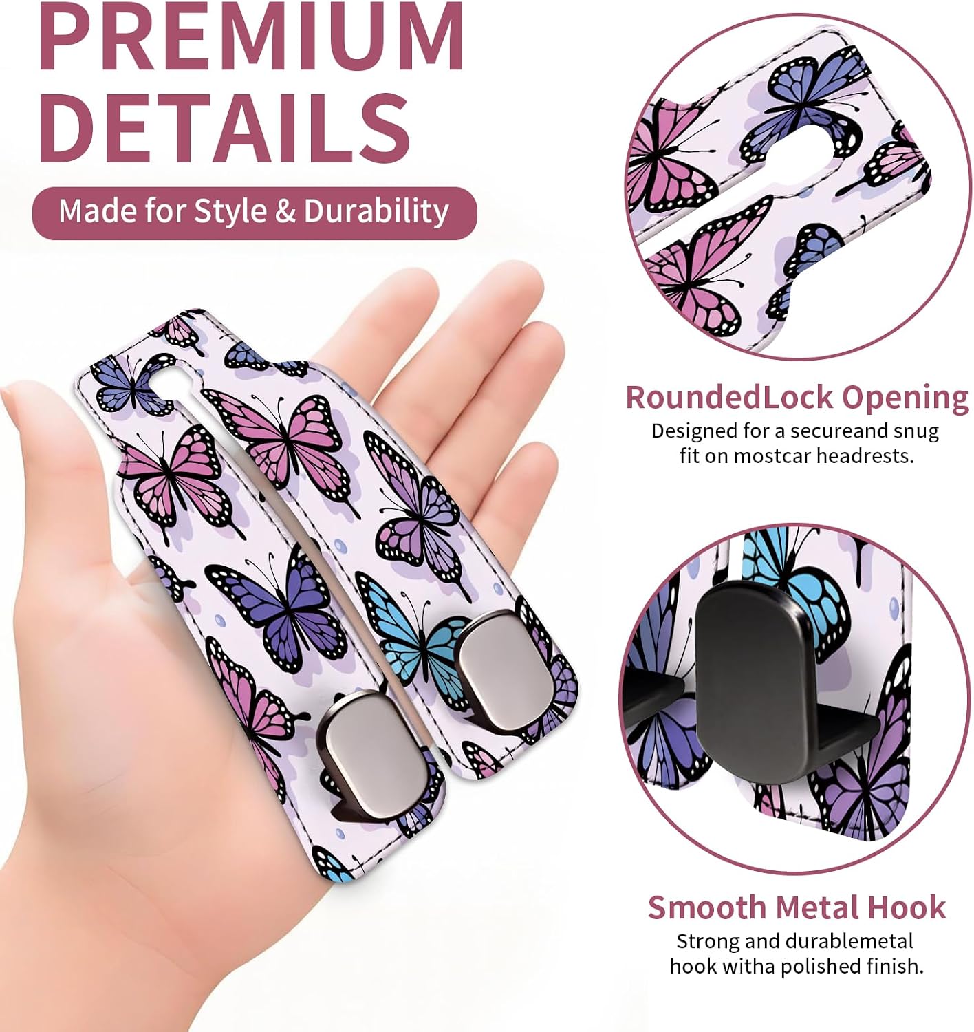 Car Seat Back Storage Hook, Funny Car Purse Hook, Cute Vehicle Storage Organizer for Purses Handbags Purple Pastel Butterfly