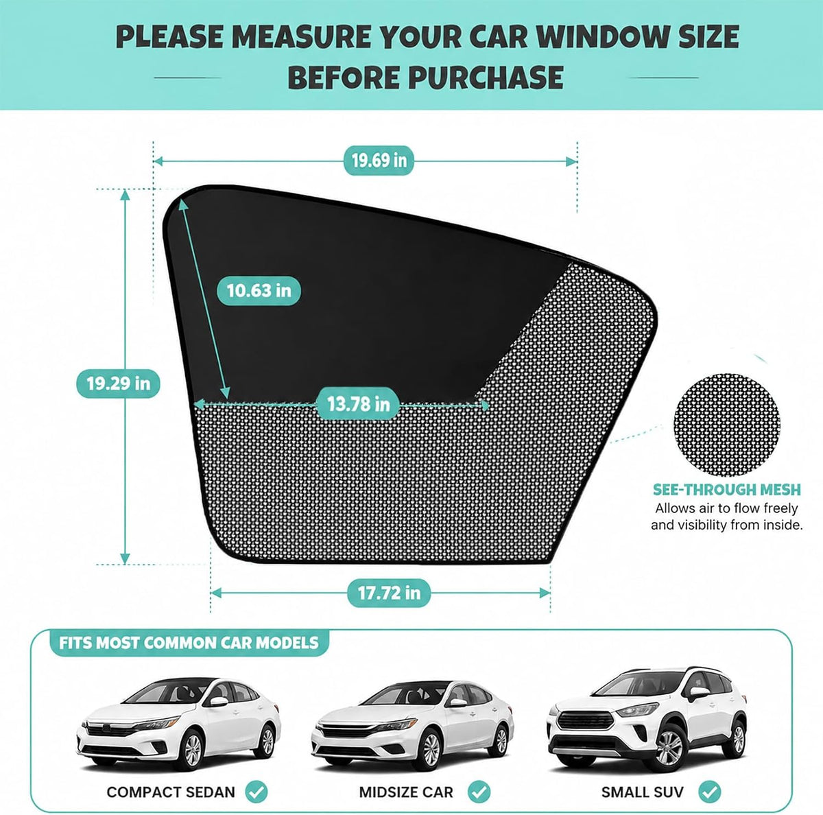 Car Window Shades, 2 Pack Magnetic Half Blackout & Half See-Through Car Sun Shade Side Window, Front Window Cover Block Heat UV Rays Glare for Driver Passenger