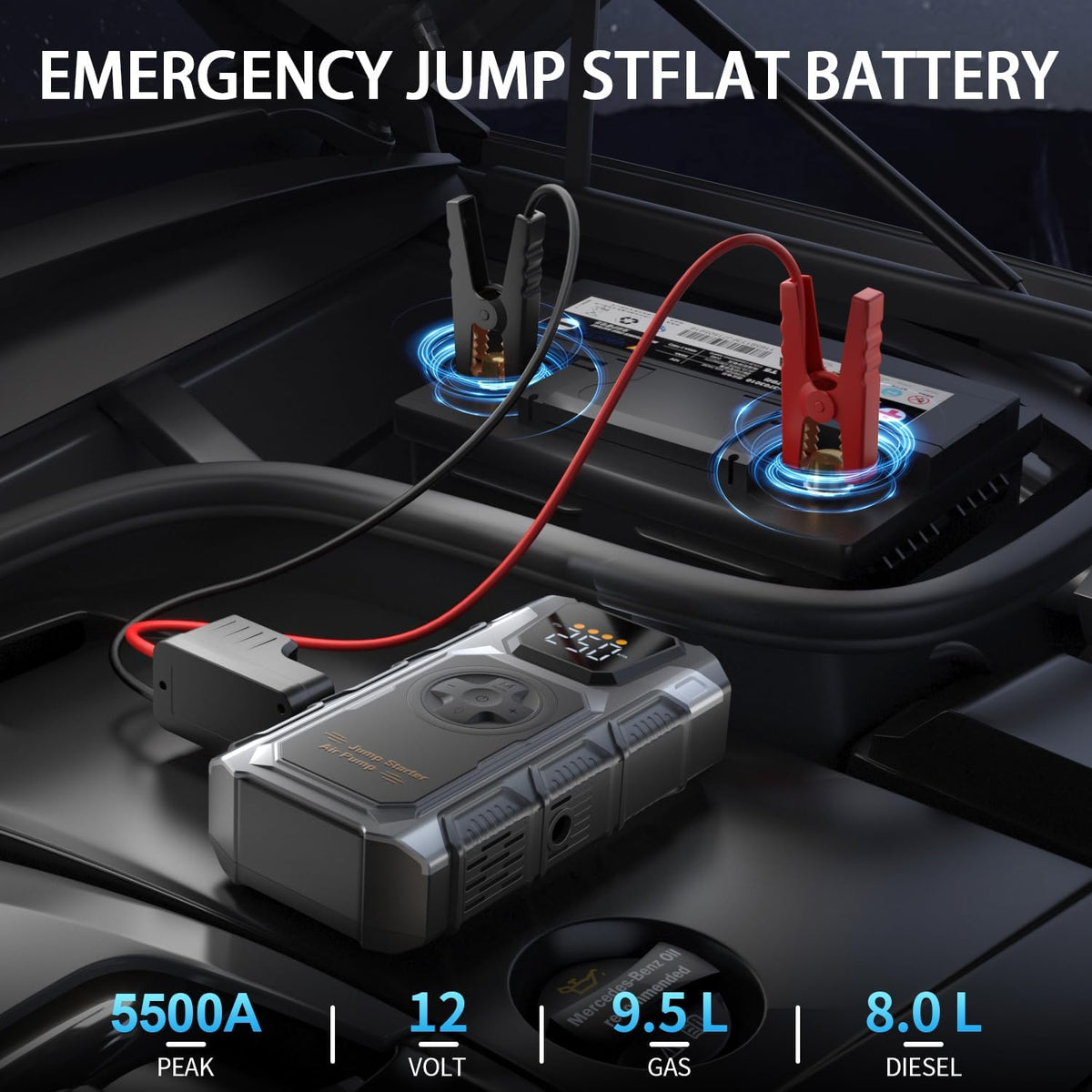 Jump Starter with Air Compressor, 5500A Portable Car Battery Booster