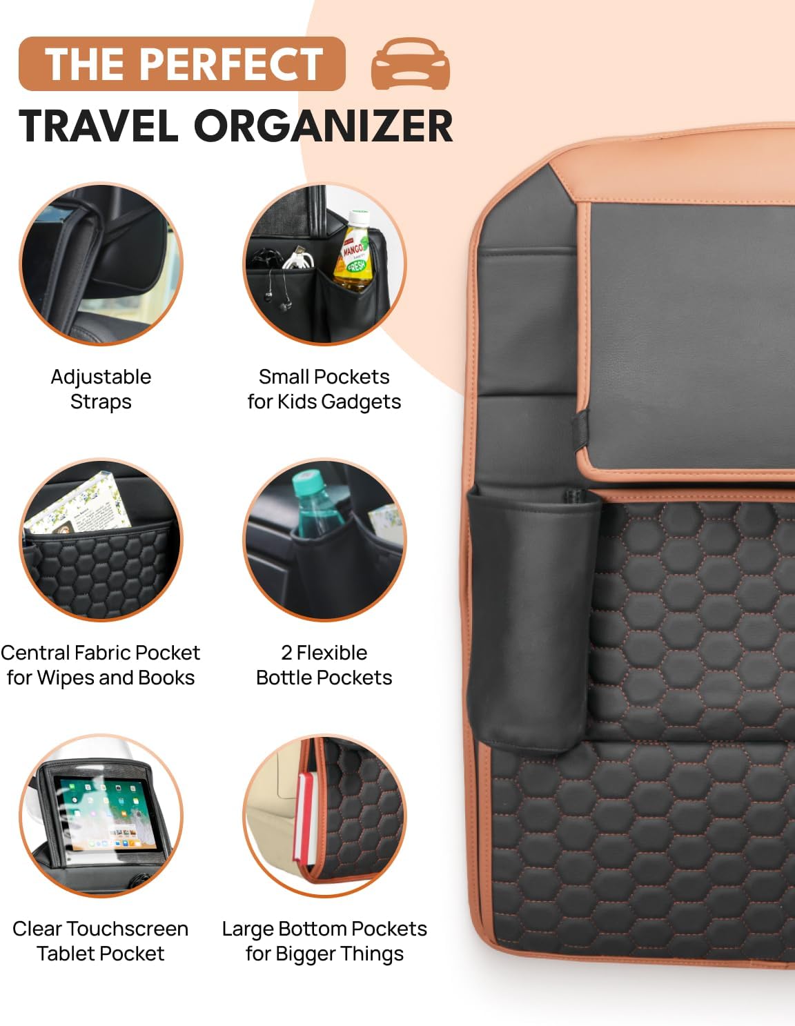 Owleys Car Backseat Organizers for Kids, 2 Pack, Tablet Holder, Tan