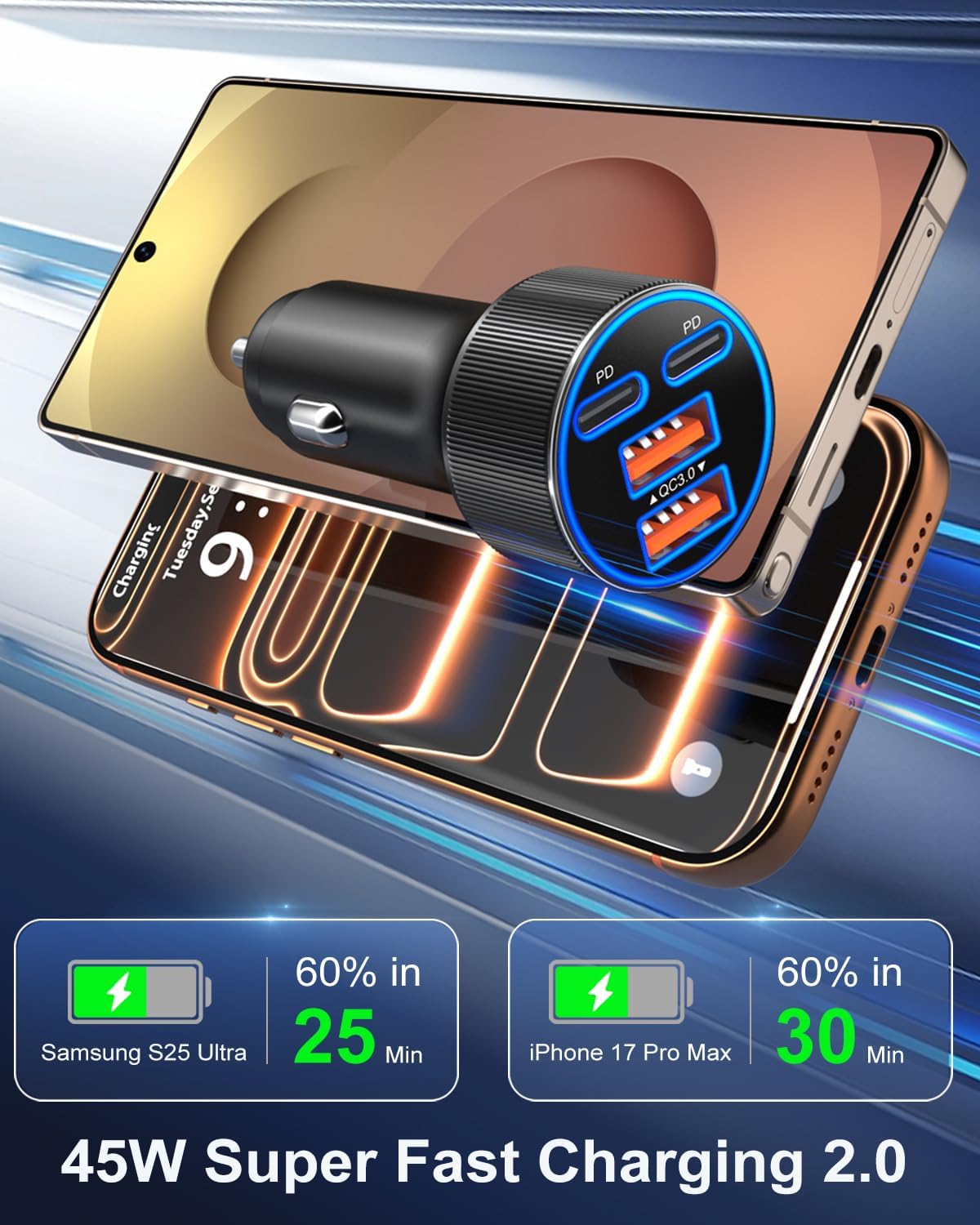 USB C Car Charger, 3 Pack 90W 4-Port Dual 45W Super Fast Car Phone Charger