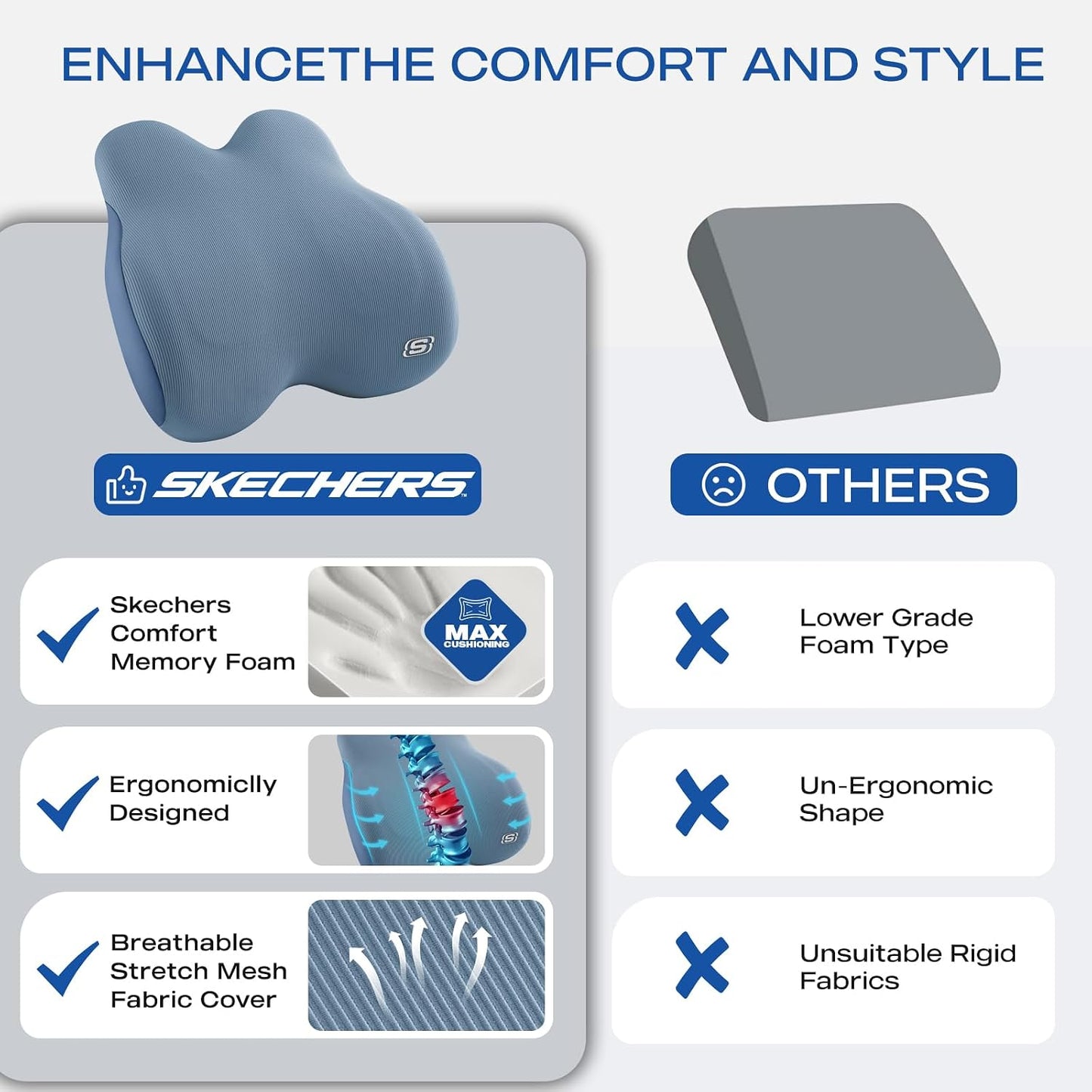 Skechers Women’s Lumbar Pillow, Memory Foam Lumbar Support Pillow for Office,Chair Lower Back Pain Relief Lumbar Pillow,Ergonomic Design Back Support Pillow for Office Chair,Car,Home,Travel,Blue