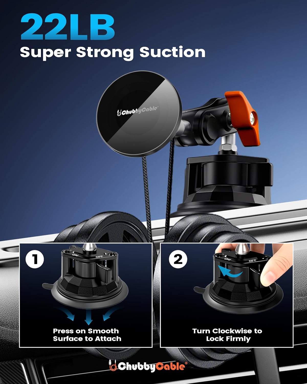 chubbycable ChubbyGrip Magnetic Car Phone Mount with Heavy-Duty Suction Cup