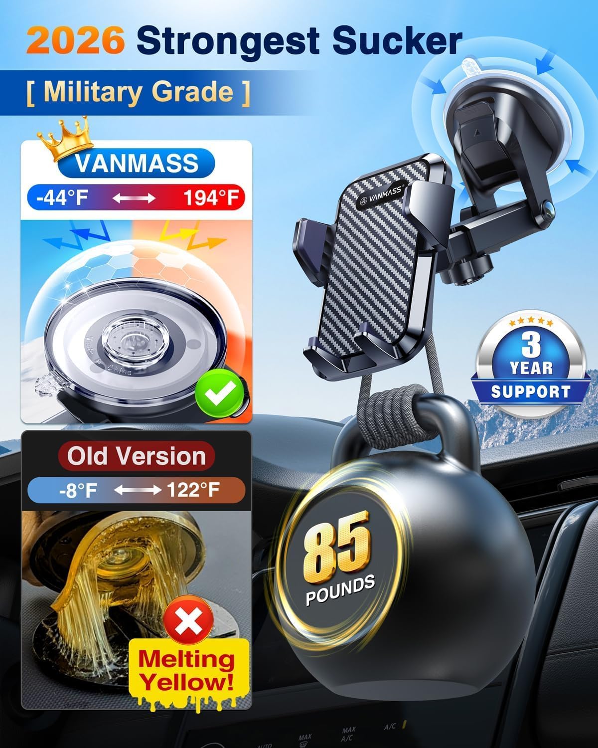 VANMASS【85+LBS Strongest Suction & Military-Grade Ultimate Car Phone Mount【Patent & Safety Certs】 Cell Phone Holder for Dash Windshield Vent for iPhone 17 Pro Max Automobile Interior Sets, Ink Black