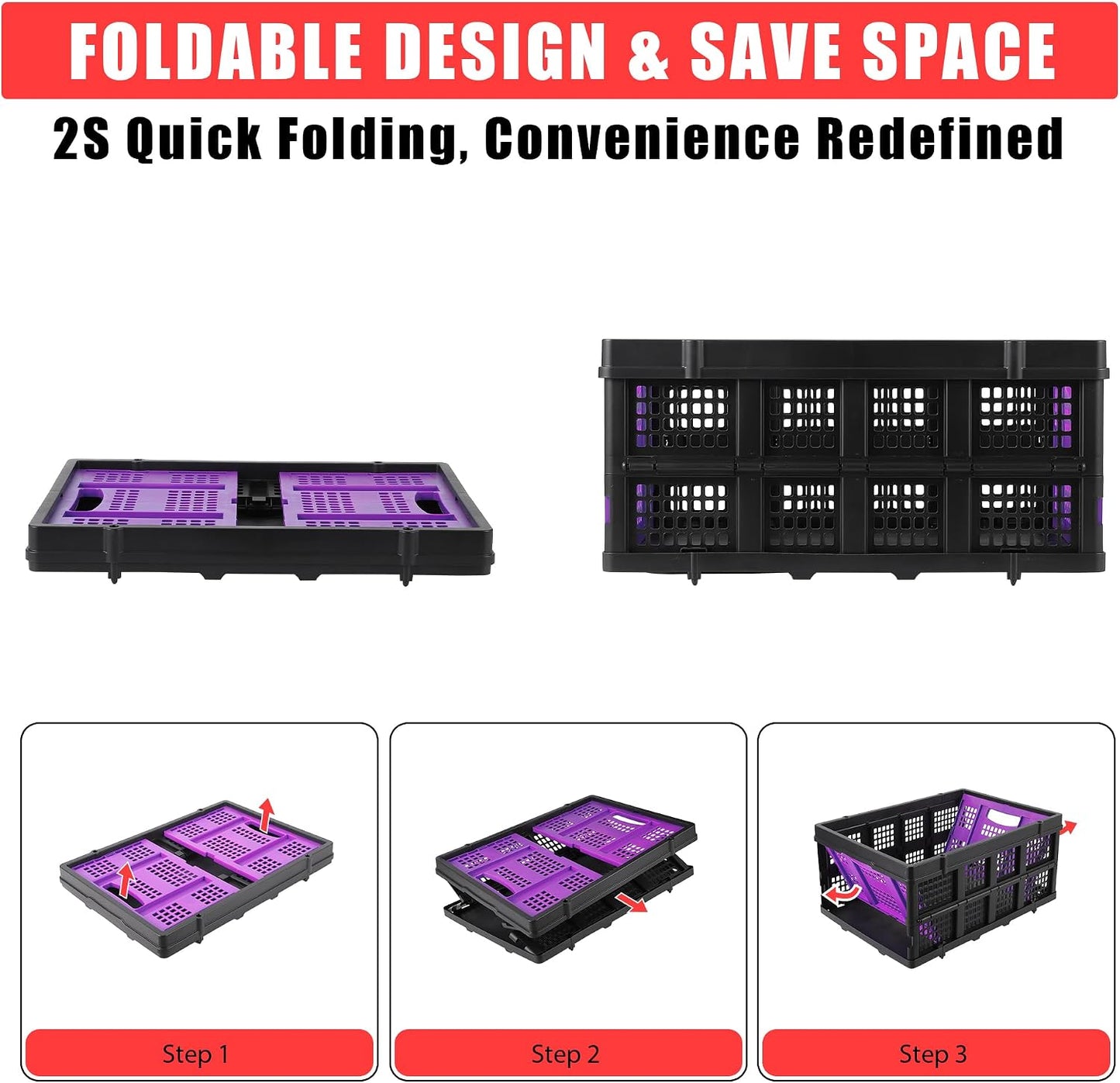55L Closet & Home Organizer Box, Collapsible Storage Crates Stackable, Folding Plastic Baskets for Clothes and Toys, Space-Saving Utility Containers, Purple