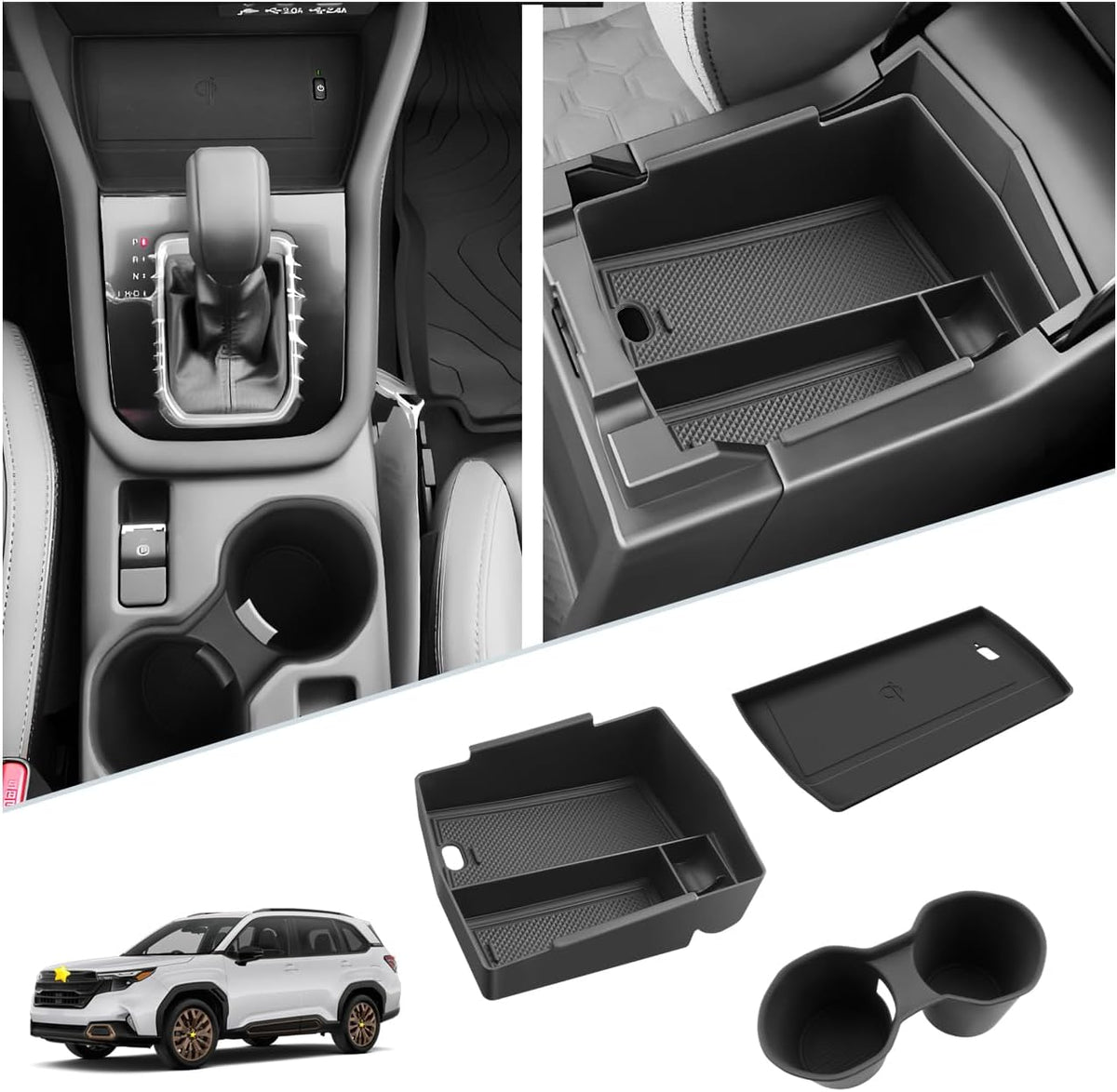 SKTU 3Pcs for 2025 Subaru Forester Center Console Organizer 2025 Forester Console Tray Subaru Forester 2025 Accessories Cup Holder 2025 Forester Wireless Charging Pad with Coin Holder