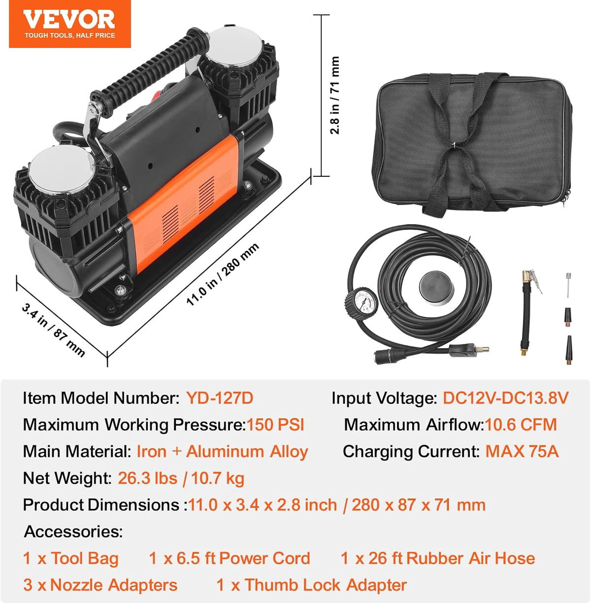 VEVOR 10.6 CFM Heavy Duty Air Compressor, 30s Fast Inflation | 1080W Dual-Cylinder Portable Tire Inflator, 12V 150PSI Offroad Air Pump with Adapters for Trucks Car SUV 4 x 4 Vehicle RV