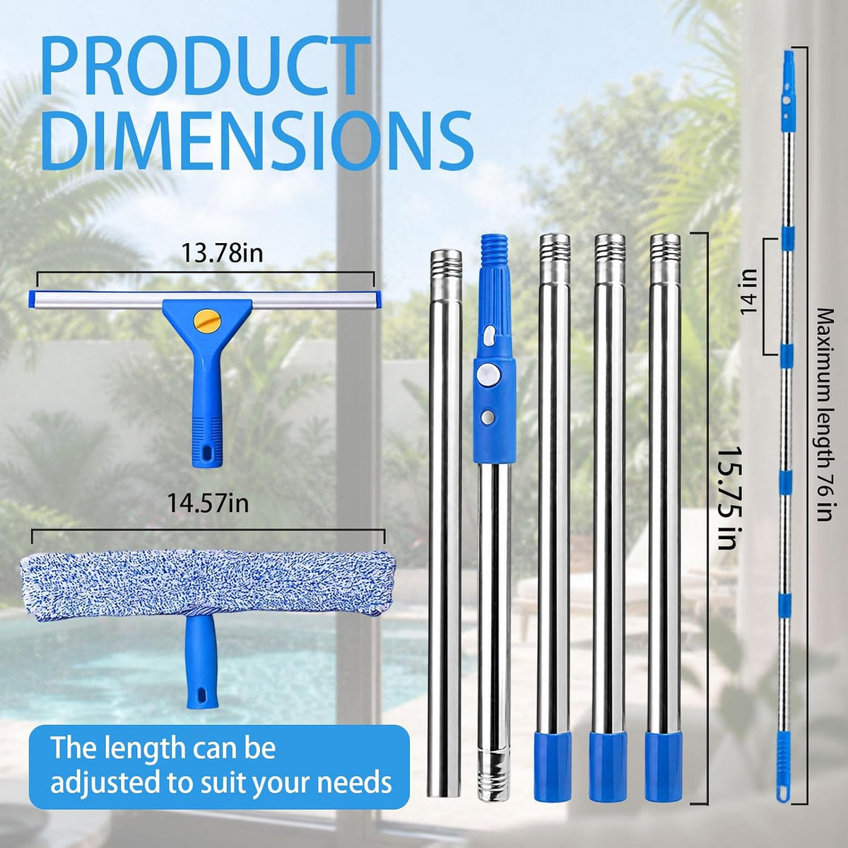Professional Window Cleaning Kit, 76" Long Handle Window Long Handle Window Squeegee and Microfiber Scrubber, Suitable for Professional Window Cleaning in Cars, Outdoors, Homes and Businesses