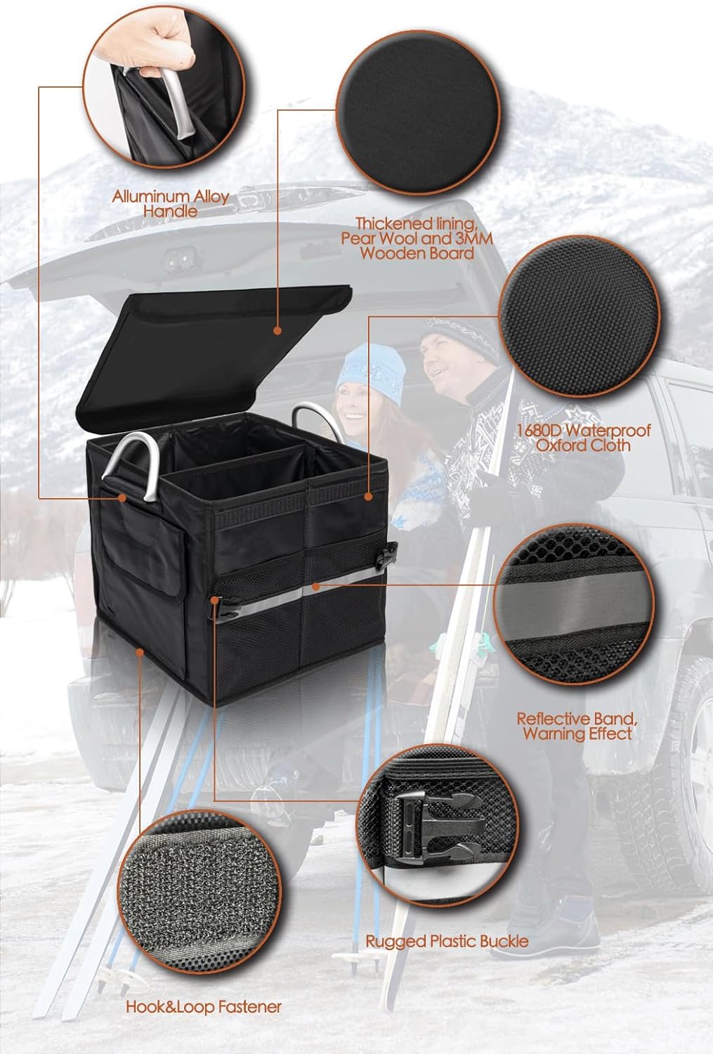 Small Trunk Organizer With Lid, For SUV Car Truck, Black 28L, Foldable Waterproof Oxford Fabric, 2-Compartments With Aluminium Alloy Handle