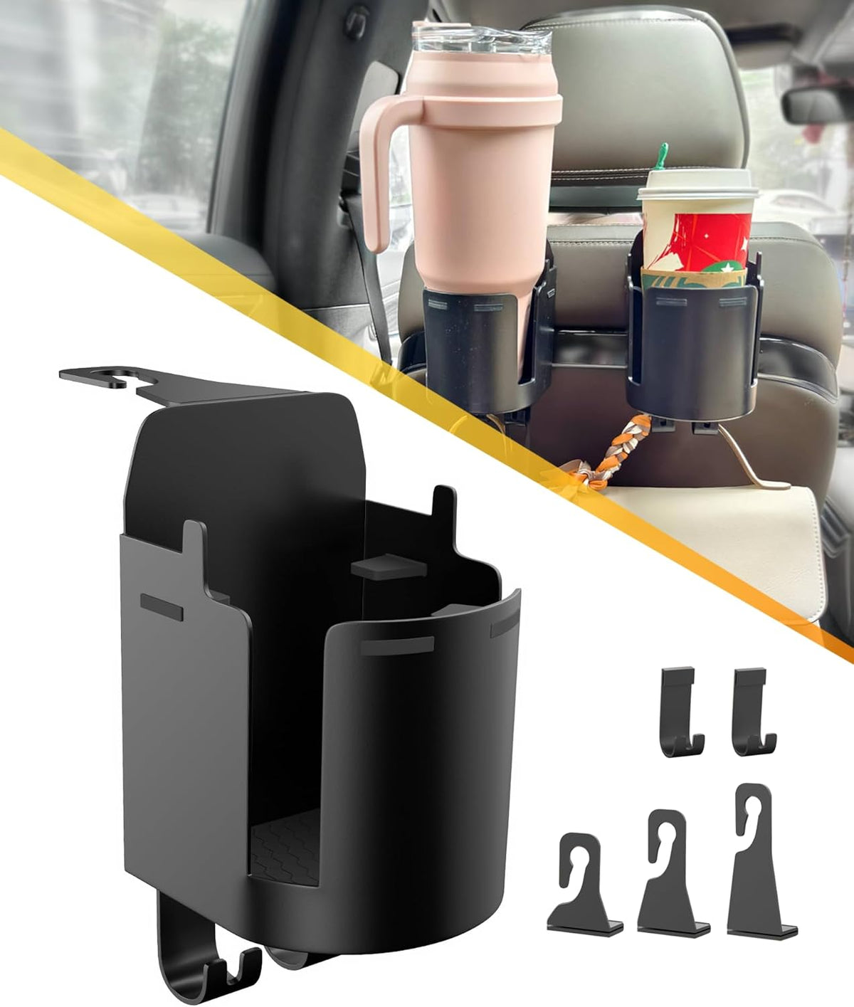 Headrest Cup Holder for Back Seat, Stable Spill-Resistant Drink Holder with Hooks for Bags, Fits 50oz Bottles, Compatible with Sedans, SUVs, and Trucks 2 Pack