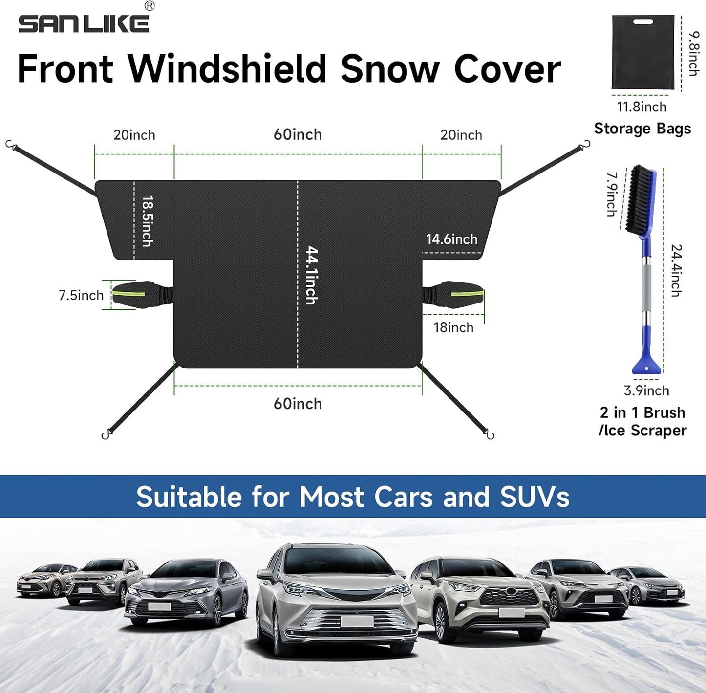 SANLIKE Car Windshield Snow Cover with Side Mirror Cover & 2 in 1 Brush | Thickened 4 Layers, Cold Protection, Ice Scraper, For Most Cars SUVs Trucks