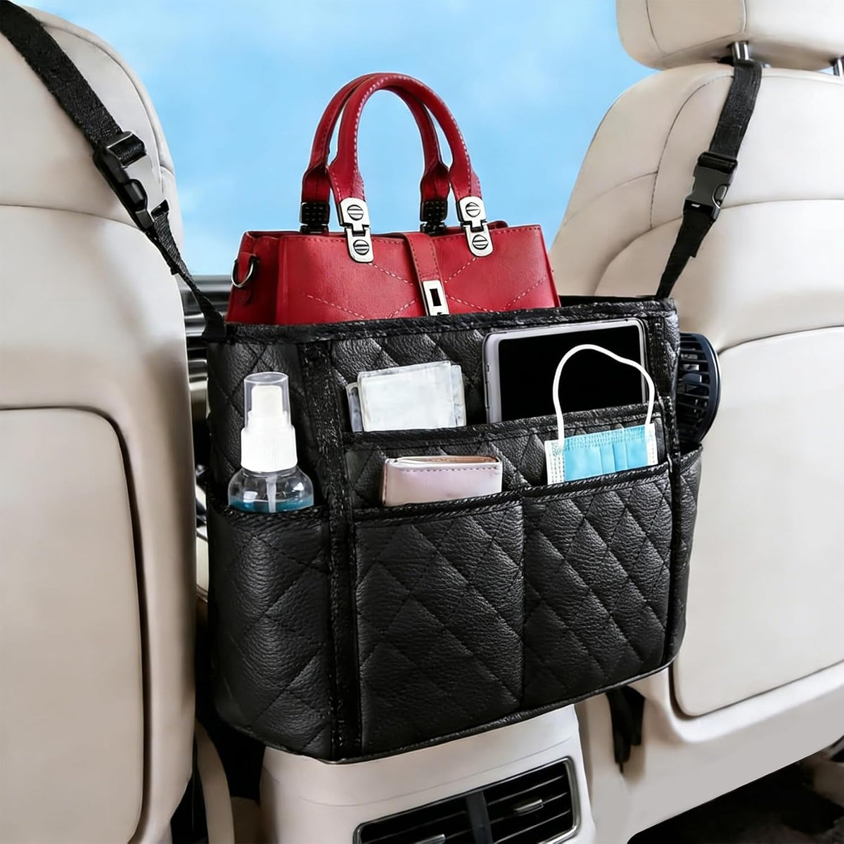 Car Purse Holder Between Seats, Car Storage Organizer, Leather Large Capacity Storage Pocket for Front Seat, Front Seat Pocket Handbag Holder & Barrier of Backseat Pet Kids for Most Vehicles
