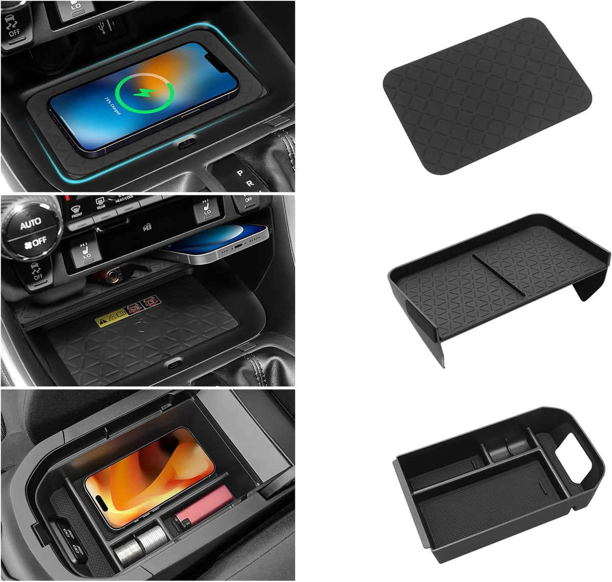 3PCS Center Console Organizer Compatible with Toyota 2019-2025 RAV4 Hybrid, Prime (PHEV) Accessories ABS Plastic & Silicone Material Center Console Liner Tray