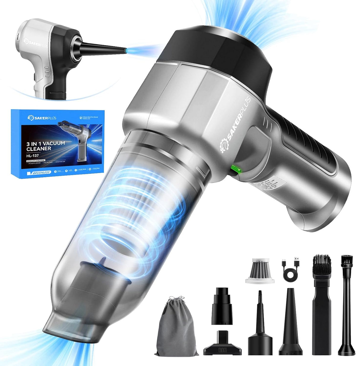 SakerPlus Mini Vacuum Cleaner, 3 in 1 Car Vacuum Cleaner High Power