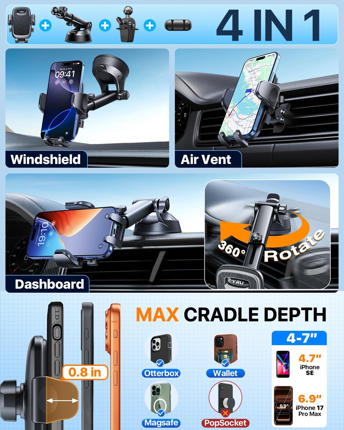 【2026 Best & Military-Grade】 360° Rotatable Suction Car Phone Holder Mount | 【100+LBS Safest Strongest & Patent Certs】Dashboard Windshield Vent Truck Stand for iPhone 17 16 Pro Max Samsung, Matt Black