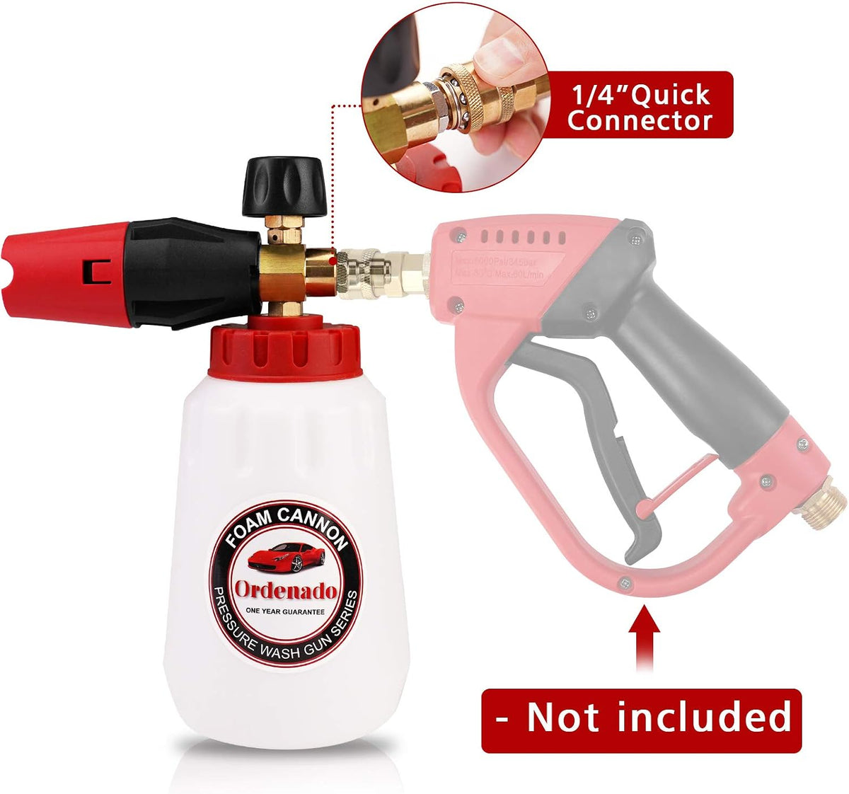 Ordenado Adjustable Foam Cannon 1 Liter Bottle Snow Lance Professional Car Wash Pressure Washer Gun Jet Wash Fit 1/4" Quick Connector Blaster Car Detailing Accessories 02