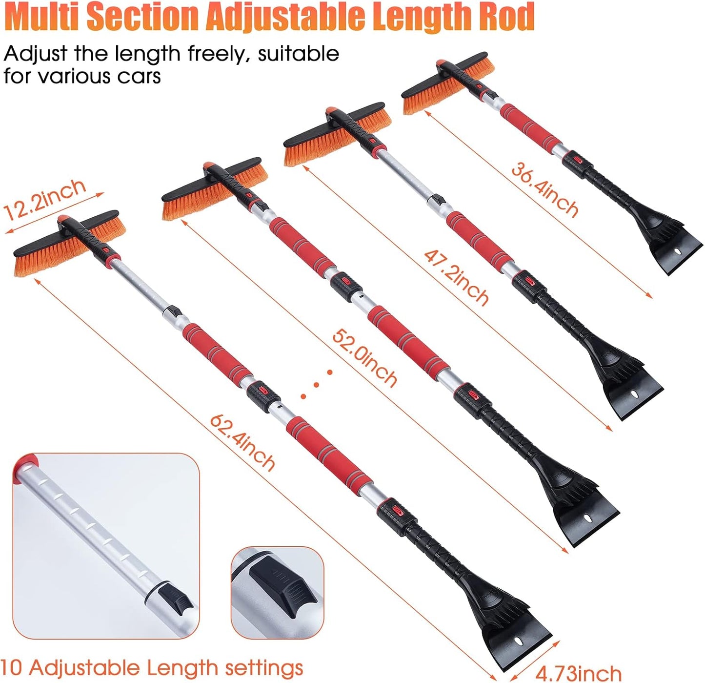 62.4" Snow Brush - Ice Scrapers for Car Windshield, 360°Pivoting Brush Head, Comfortable Foam Grip, Extendable Snow Removal Car Brush for Trucks SUVs, Essential Winter Tool