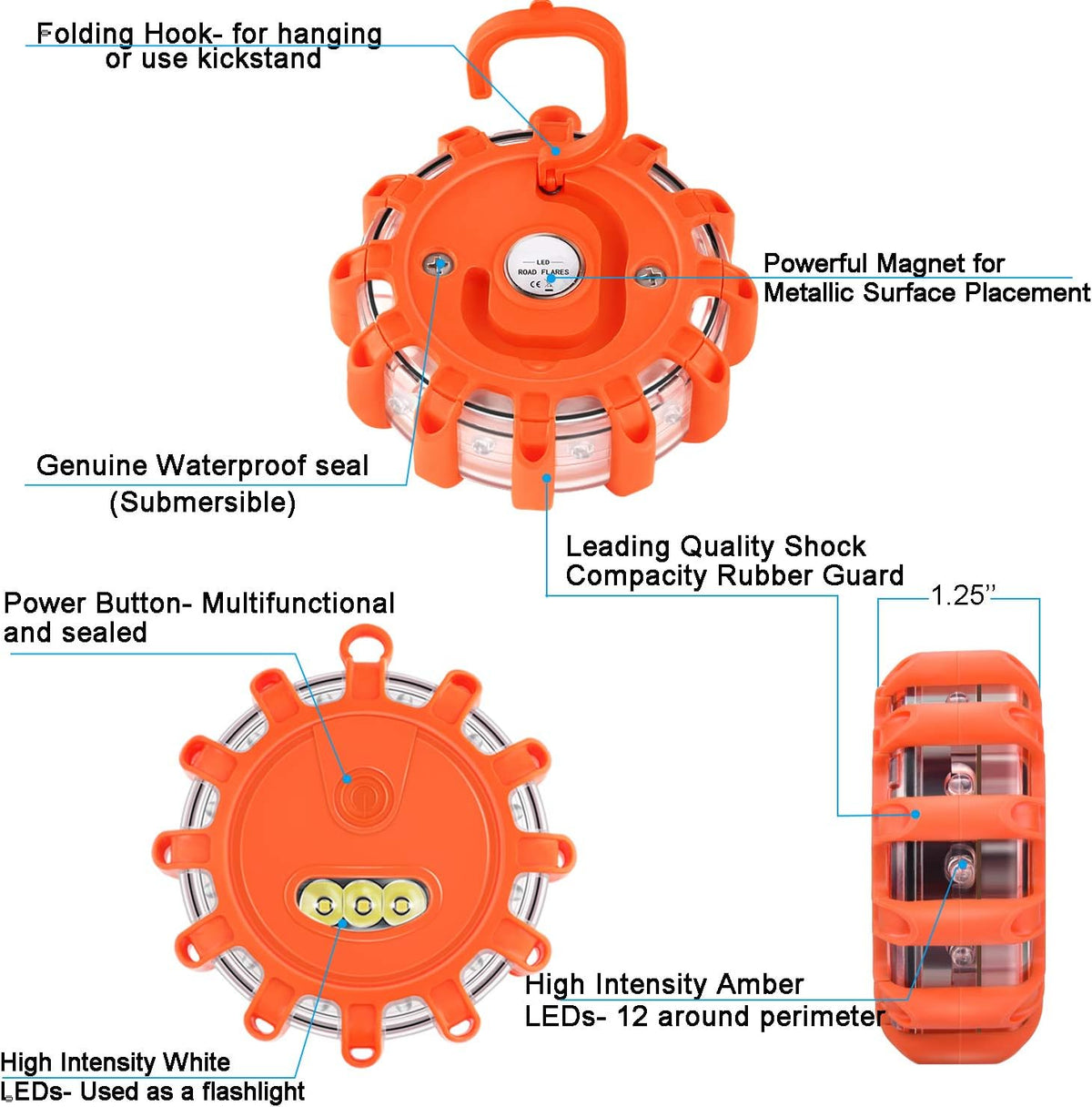 Tobfit 6 Pack LED Road Flares Emergency Lights Roadside Safety Beacon Disc Flashing Warning Flare Kit with Magnetic Base & Hook for Car Truck Boats | 9 Flash Modes (Batteries Not Included) (6)