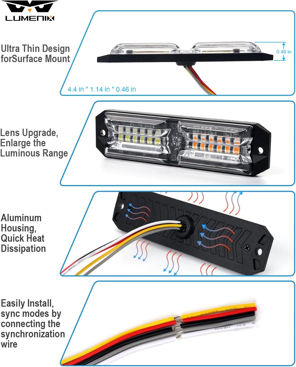 LUMENIX Grille Strobe Light Kits for Trucks, 12-LED Surface Mount Ultra Slim Emergency Hazard Warning Lights Head for Construction Vehicles Cars - White Amber