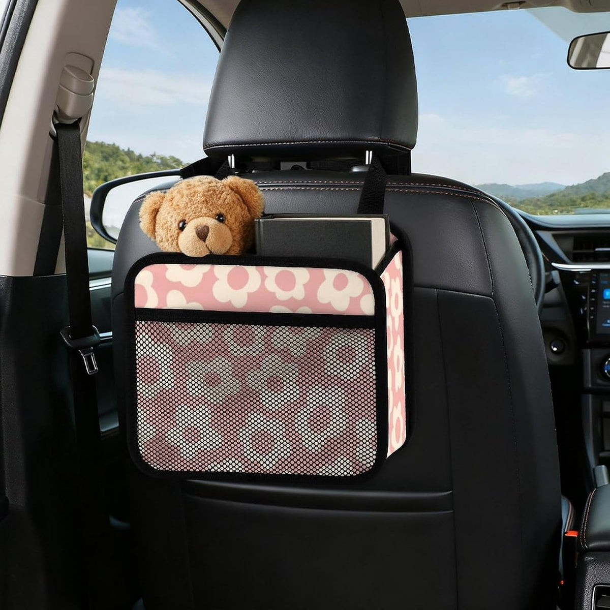 Car Backseat Organizer - Cute Aesthetic Car Storage Bin with Mesh Pocket & Reinforced Base - Universal Fit Hanging Seat Back Accessories for Women (Pink)