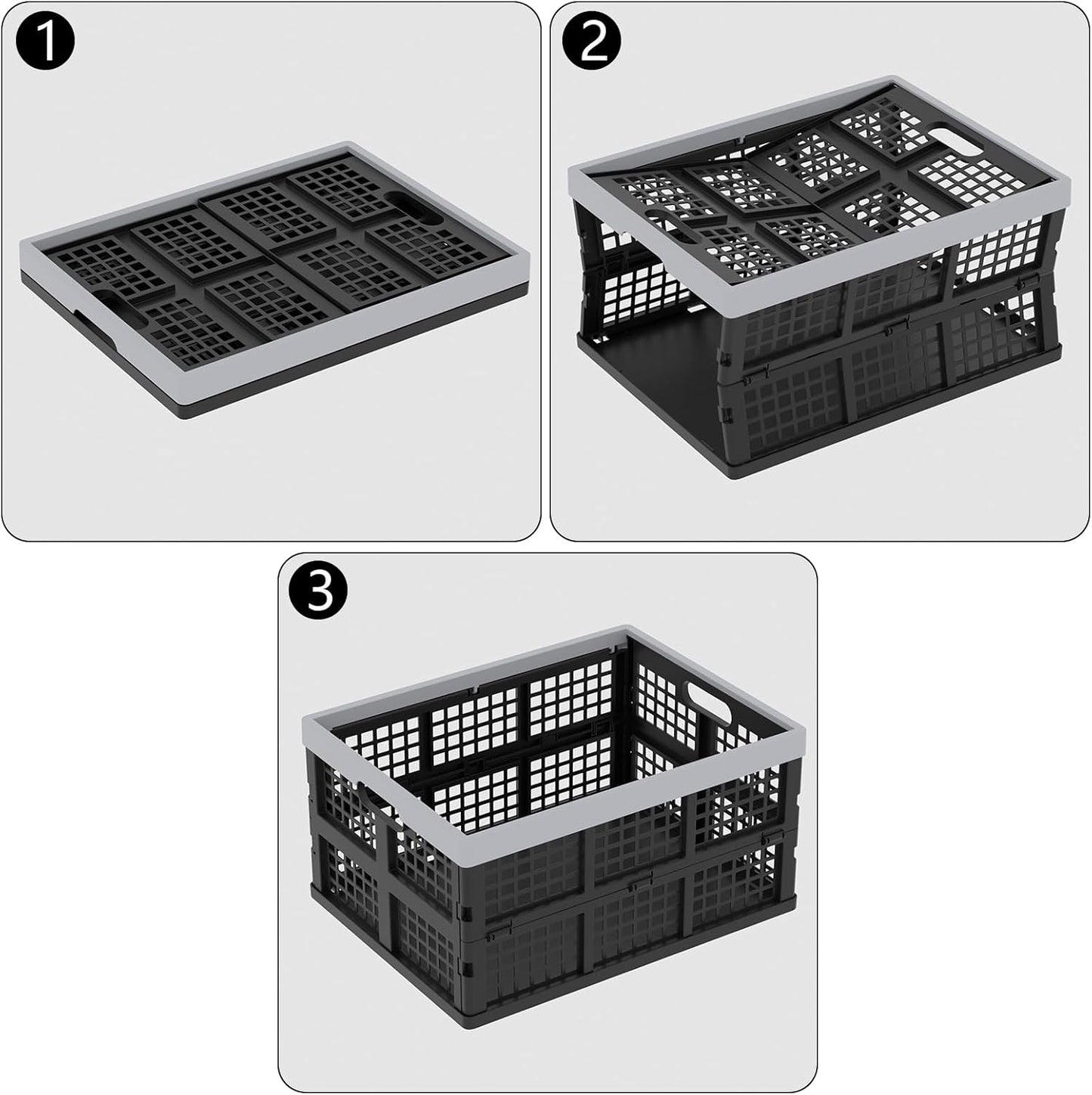 Collapsible Milk Crate, Black, 3PK 30L Stackable Containers Folding Crates, Heavy Duty Plastic Collapsible Storage Bins for Multi Purposes
