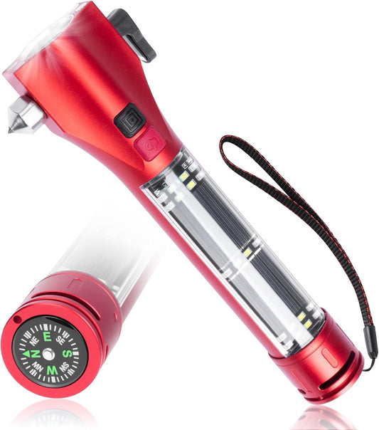 17-in-1 Car Emergency Flashlight - Window Breaker Hammer & Seat Belt Cutter - Mobile Power, Rechargeable, Rescue Alarm, Compass, Magnet, Car Safety Tool for Outdoor, 8.2'' Red