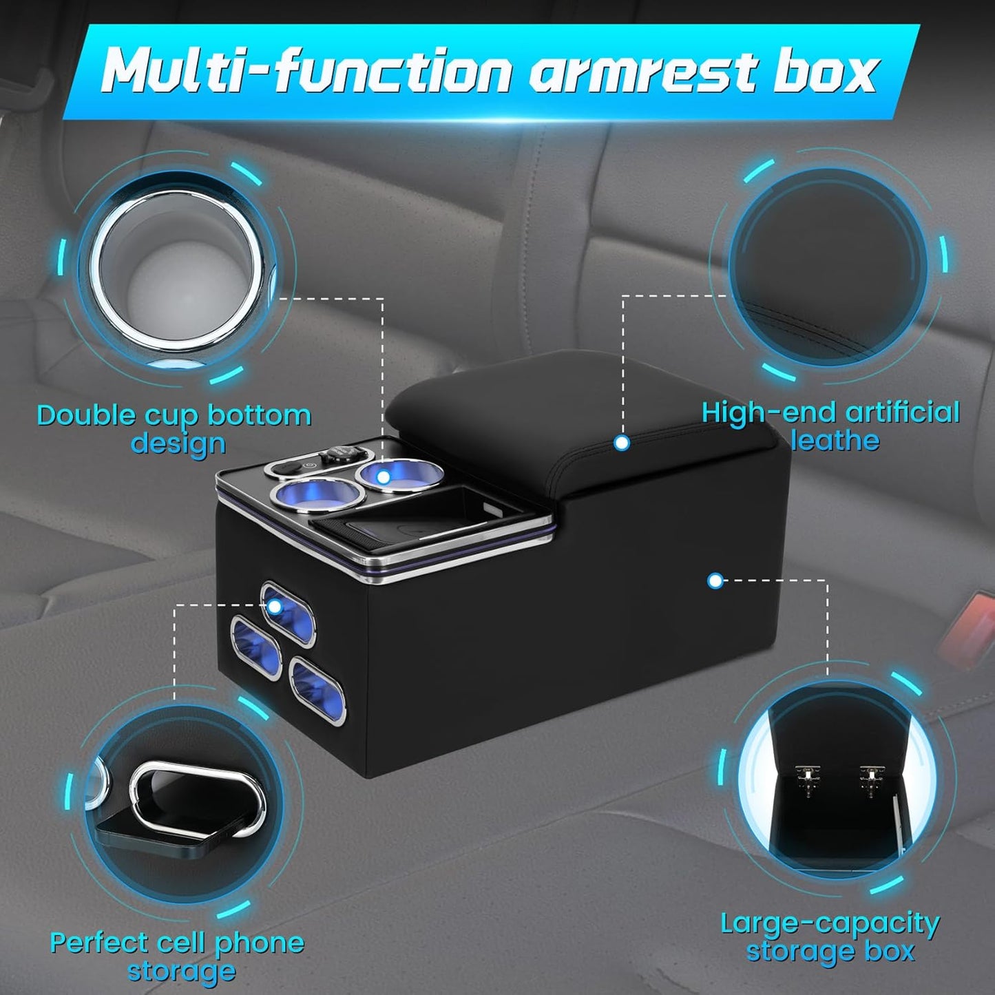 Universal Center Console Armrest Organizer with Wireless Charging Phone Holder Cup, Truck Bench Seat Center Console, Rear Bench Seat Armrest van, Car Minivan Truck,Center Console Armrest Organizer