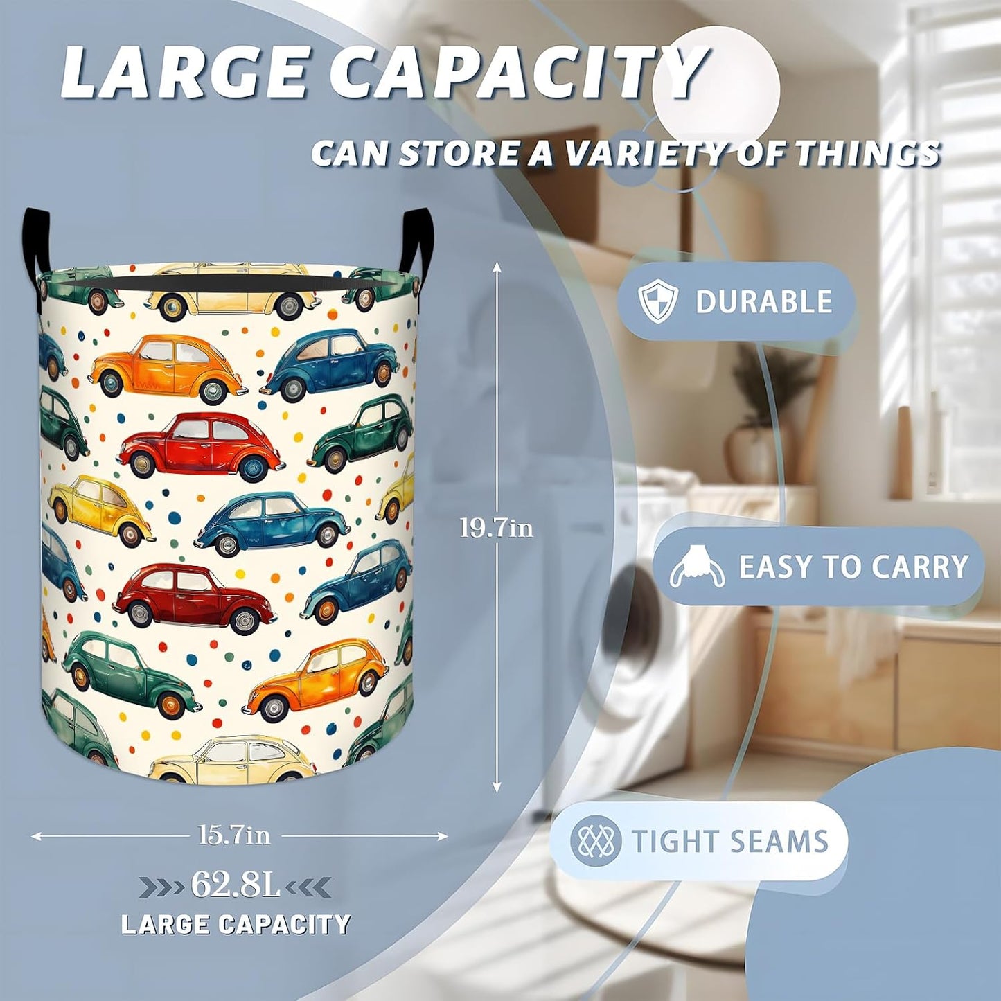 Colorful Cars Polka Dots Pattern Laundry Basket with Handles, 19.7"x15.7" Clothes Foldable Laundry Hamper Organizer for Dorm Nursery Bedroom Bathroom Decor, Toy Storage Bin for Kids