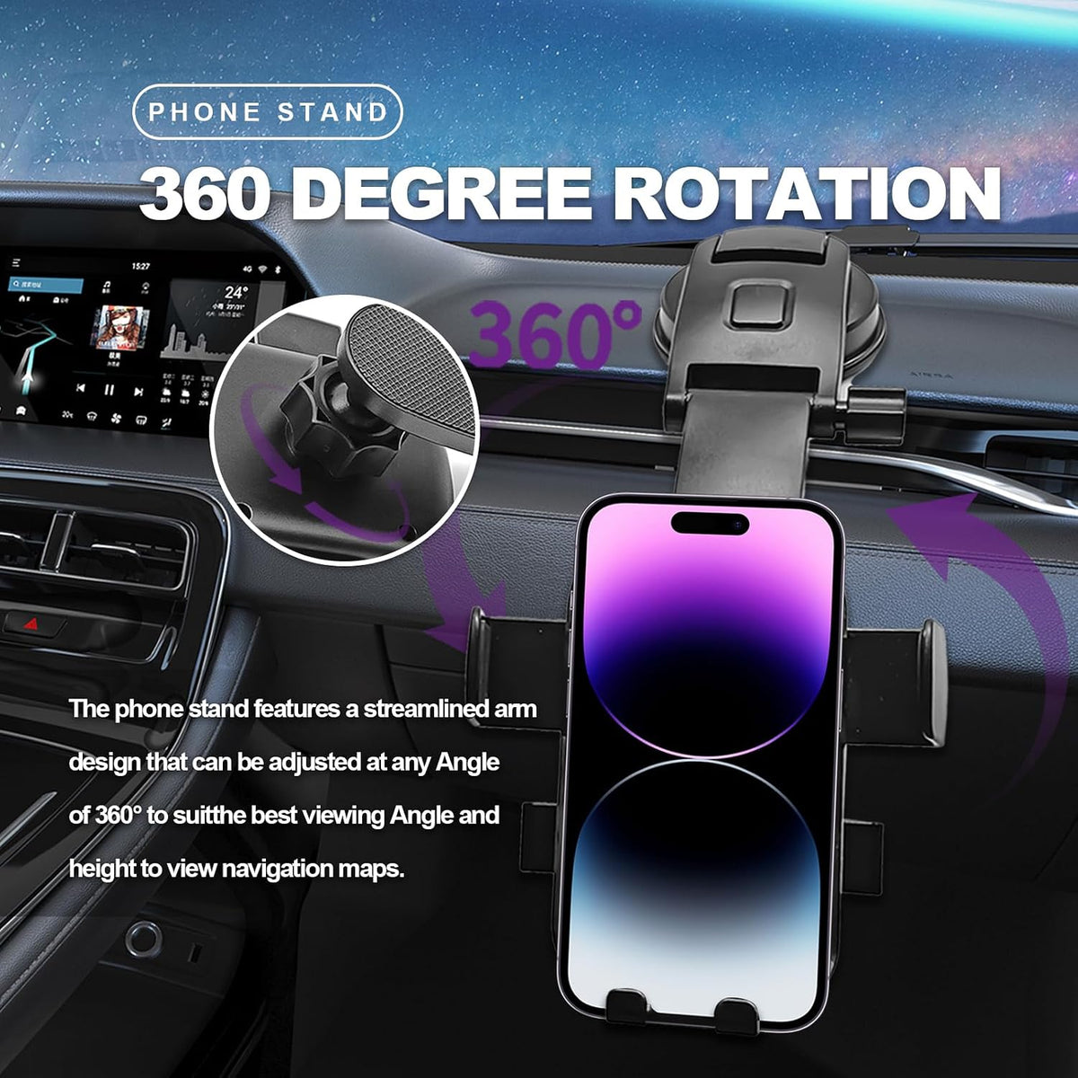 Car Phone Holder Mount Clip, Upgraded 3-in-1 Car Phone Holder Mount, Powerful Vacuum Suction Phone Mount for Car Dashboard Air Vent Windshield, 360° Adjustable, for All iPhone Android Phone
