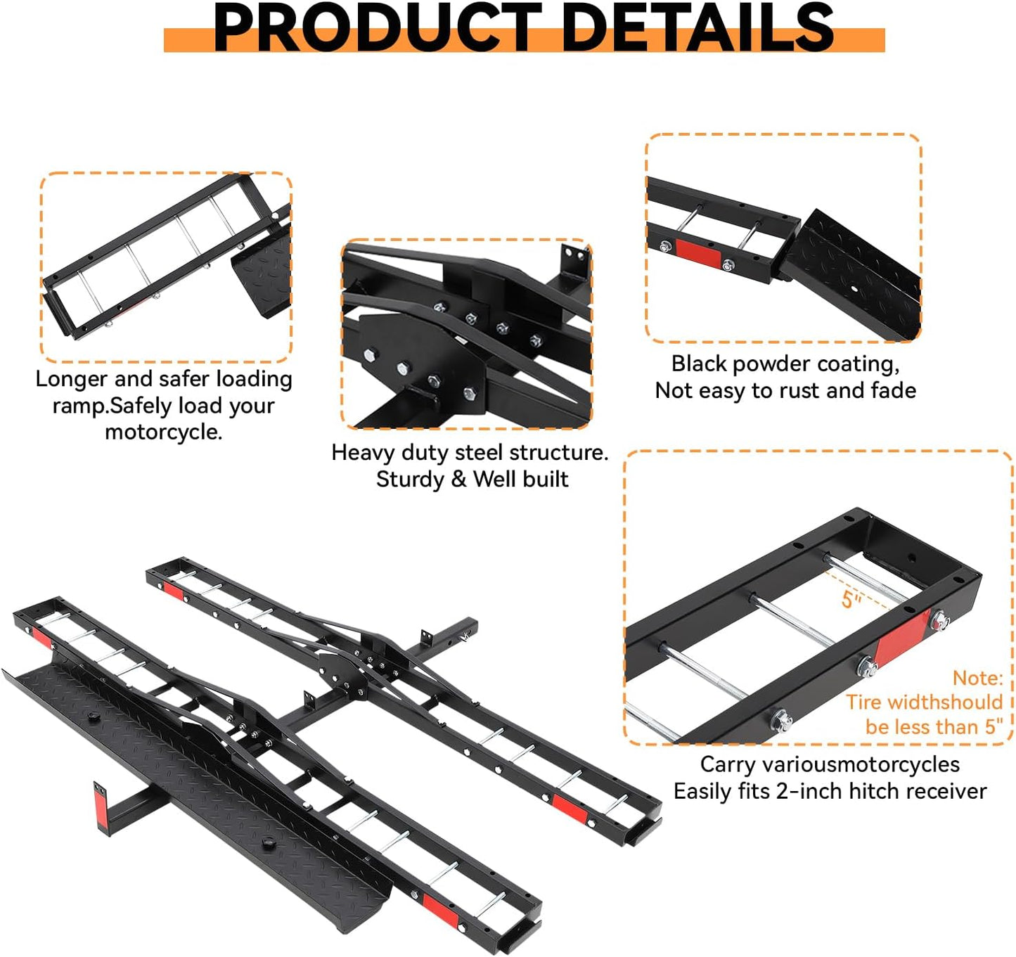 Dual Motorcycle Carrier for Hitch - Heavy Duty 2-Bike Motorcycle Hitch Carrier with Ramp - 600 Lbs Capacity for Dirt Bikes & e-Bikes, Fits 2" Receiver
