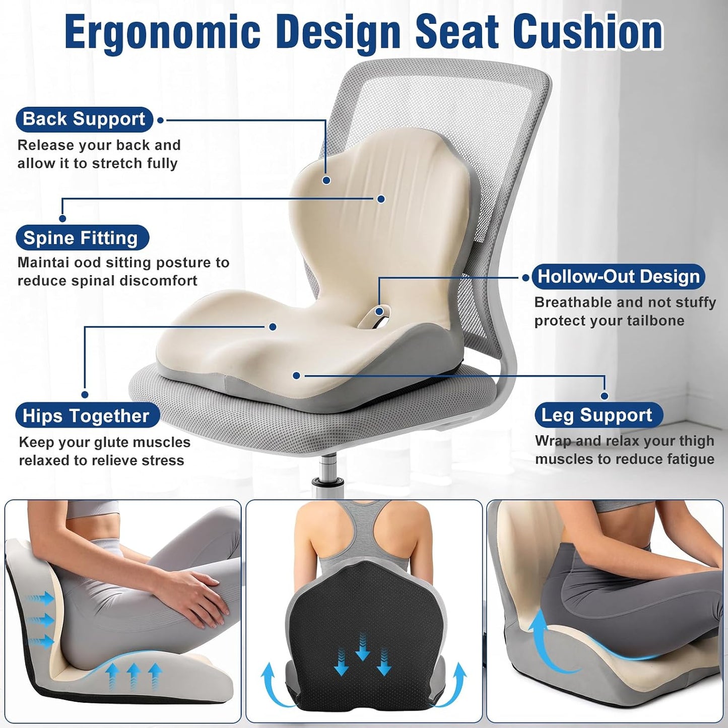Car Seat Cushion with Lumbar Support Pillow, Memory Foam Office Chair Cushion for Back Pain Sciatica Pain Relief, Ergonomic L-Shaped Seat Cushion for Car Truck Driving Office Chair Home (White Gray)