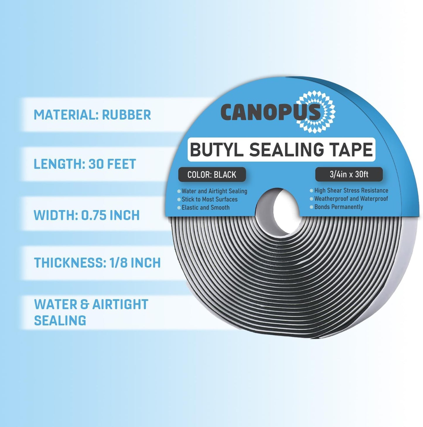 CANOPUS Butyl Seal Tape, Black, 1/8-in x 3/4-in x 30-ft, Heavy Duty, Waterproof Sealant Putty Tape, Rubber Tape to Seal RV, Boat, Home Pipes and Car Windows Leaks