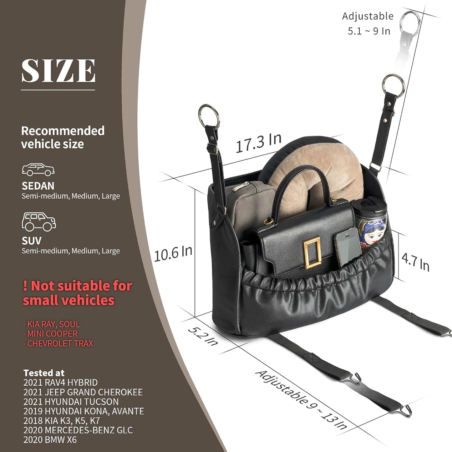 Premium Purse Holder for Car – 1 Compartment Midsize Front Seat Storage Barrier – Elegant Faux Leather & artificial Fur Car Handbag Holder – Automotive Consoles & Organizers
