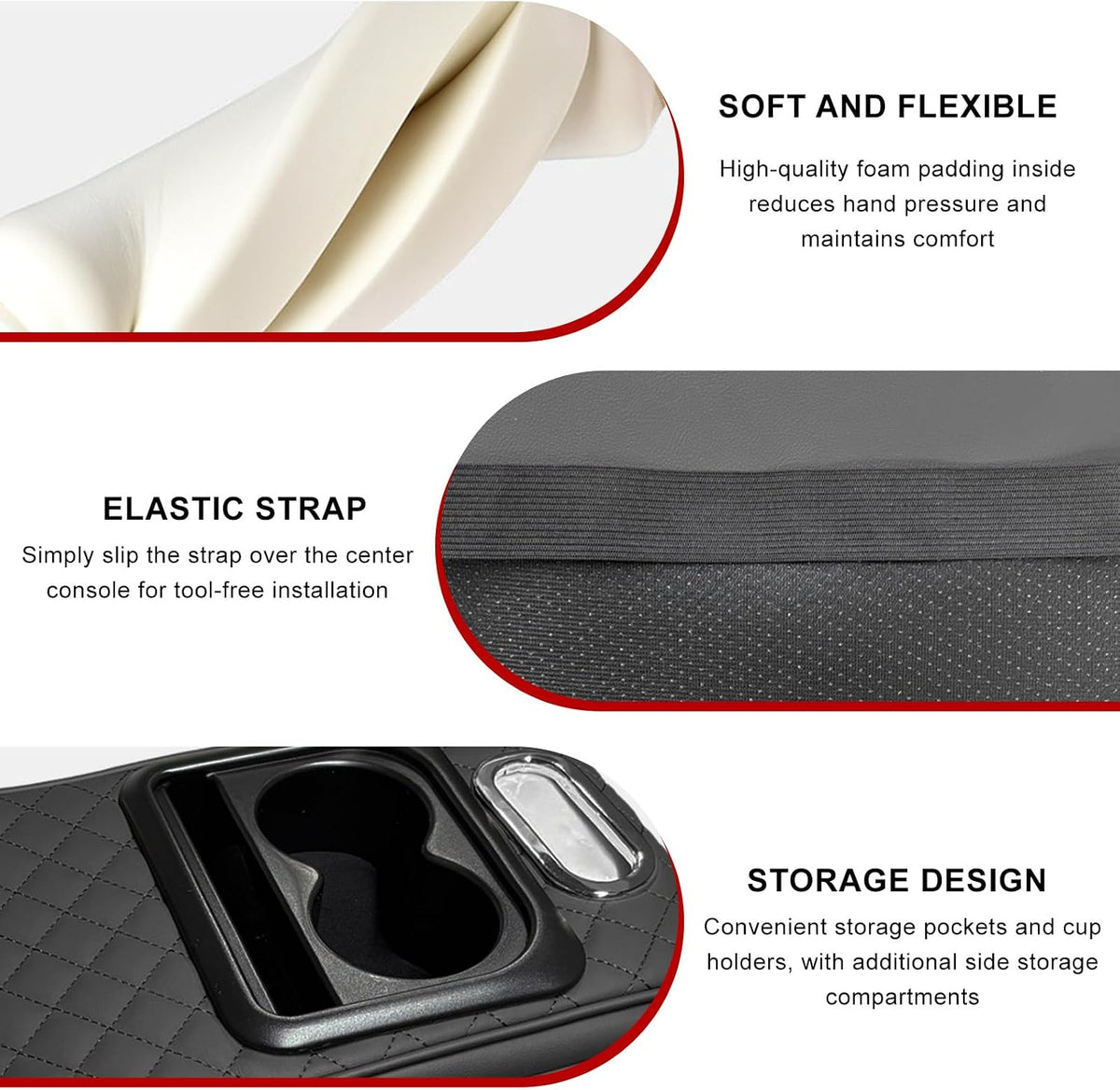 Car Center Console Armrest Pillow, Waterproof Arm Rest Cover with 2 Side Bags, Tissue Box, Phone & Cup Holder, 5-in-1 Leather Armrest Pad Interior Organizer for Most Cars (Embroidered, Black)
