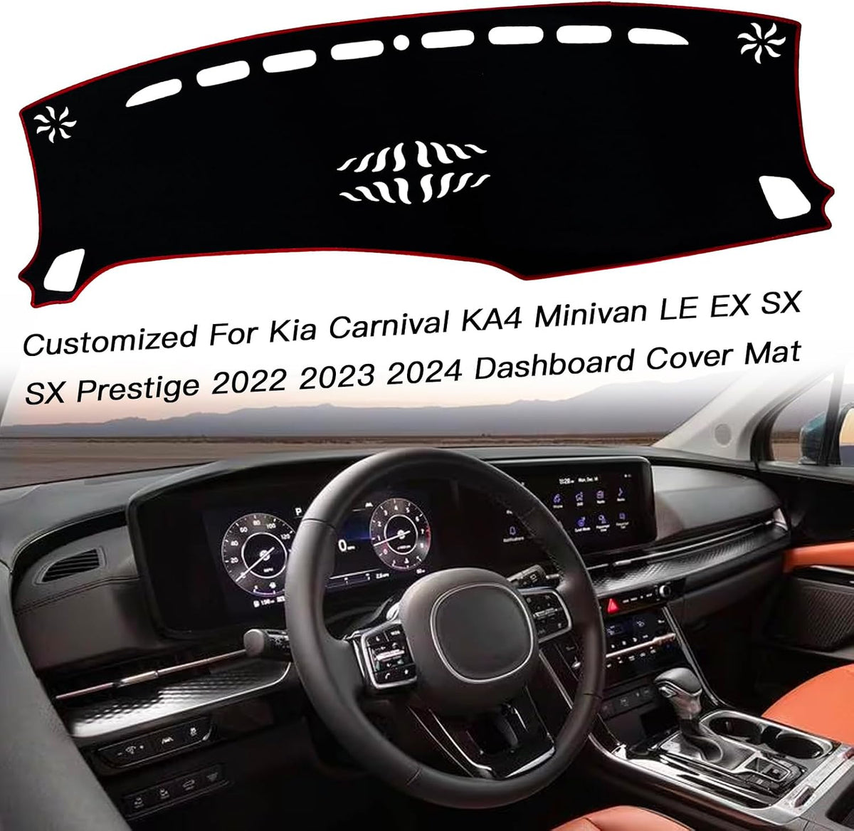 Dash Mat Cover Interior Dashboard Protection pad Compatible with Kia Carnival KA4 Minivan LE EX SX and SX Prestige 2022 2023 2024 Sunshade Glare UV Rays Protector (Red Trim)