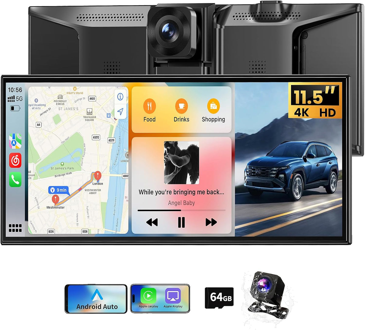 11.5" Extra Large Wireless Apple CarPlay Screen for Car, 4K Portable Car Play Screen & Android Auto HD Touch Screen, Dash Cam Front and Rear, App Control, Mirror Link, Voice Control