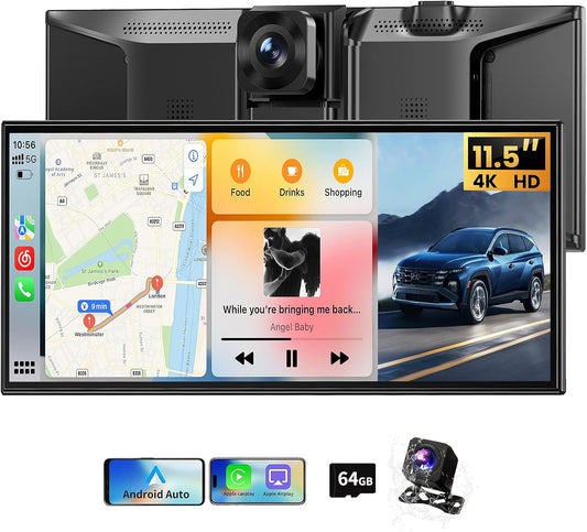 11.5" Extra Large Wireless Apple CarPlay Screen for Car, 4K Portable Car Play Screen & Android Auto HD Touch Screen, Dash Cam Front and Rear, App Control, Mirror Link, Voice Control