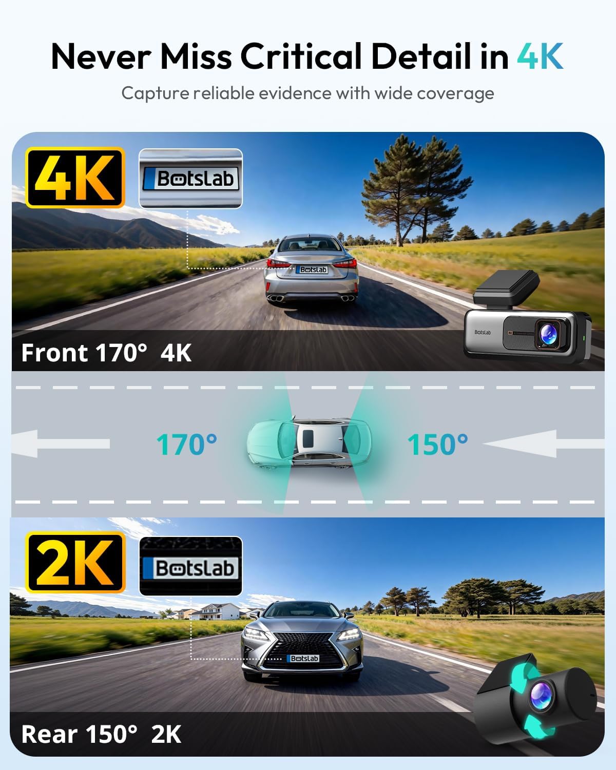 BOTSLAB G980H 4K STARVIS Dash Cam Front and Rear, 64GB Card[2026 Upgraded]