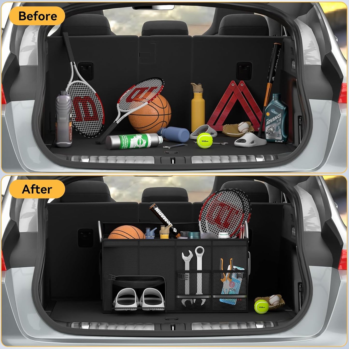 Car Trunk Organizer for SUV 50L Car Caddy Golf Trunk Organizer with Lid Collapsible Truck Storage Bin Large Compartment Car Grocery Organizer with 4 Pockets Handle Shoe Organizer Cargo Van Jeep Sedan