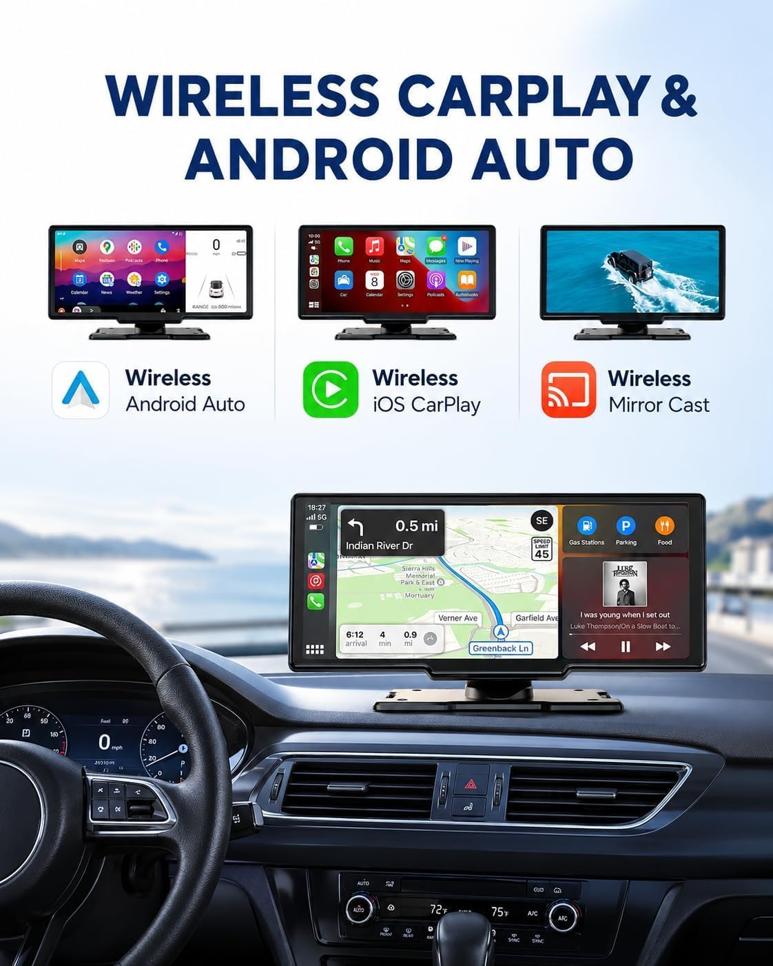 10.26" Portable Apple CarPlay Screen for Car, Wireless CarPlay & Android Auto Touch Screen, 4K Dash Cam, 1080P Backup Camera, Bluetooth 5.0, FM Transmitter, Mirror Link, Phone Navigation