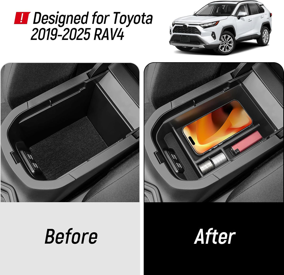 3PCS Center Console Organizer Compatible with Toyota 2019-2025 RAV4 Hybrid, Prime (PHEV) Accessories ABS Plastic & Silicone Material Center Console Liner Tray