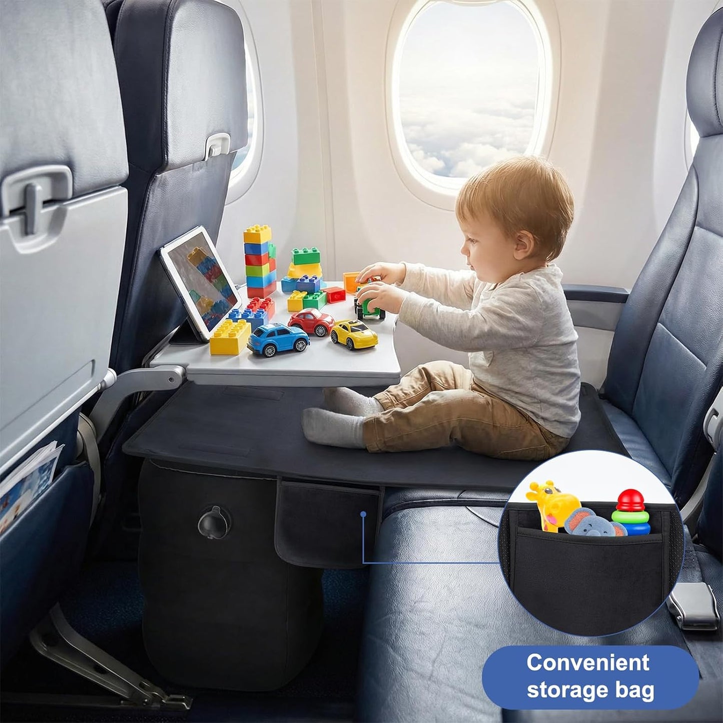 Toddler Airplane Bed | Kids Airplane seat Extender | Easy to Install for ariplane, Train, Cars | Kids Airplane Travel Essentials | Foot Rest Cushion (with Foot Pads)