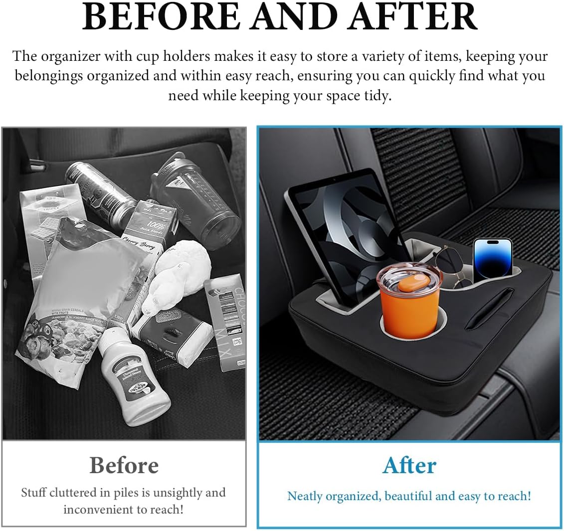 Car Back Seat Organizer, Leather Automotive Rear Seat Couch Cup Holder Expander Tray, Vehicle Cup Holder Tray Holds Snacks Remotes Phones for Truck RV Boat Couch Pillow Bed