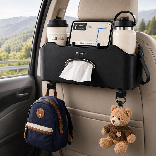 Mu&Ti Back Seat Car Organizer with Cup Holders Tissue Box Holder, Phone Stand and Hooks Multifunctional 4 in 1(Black)