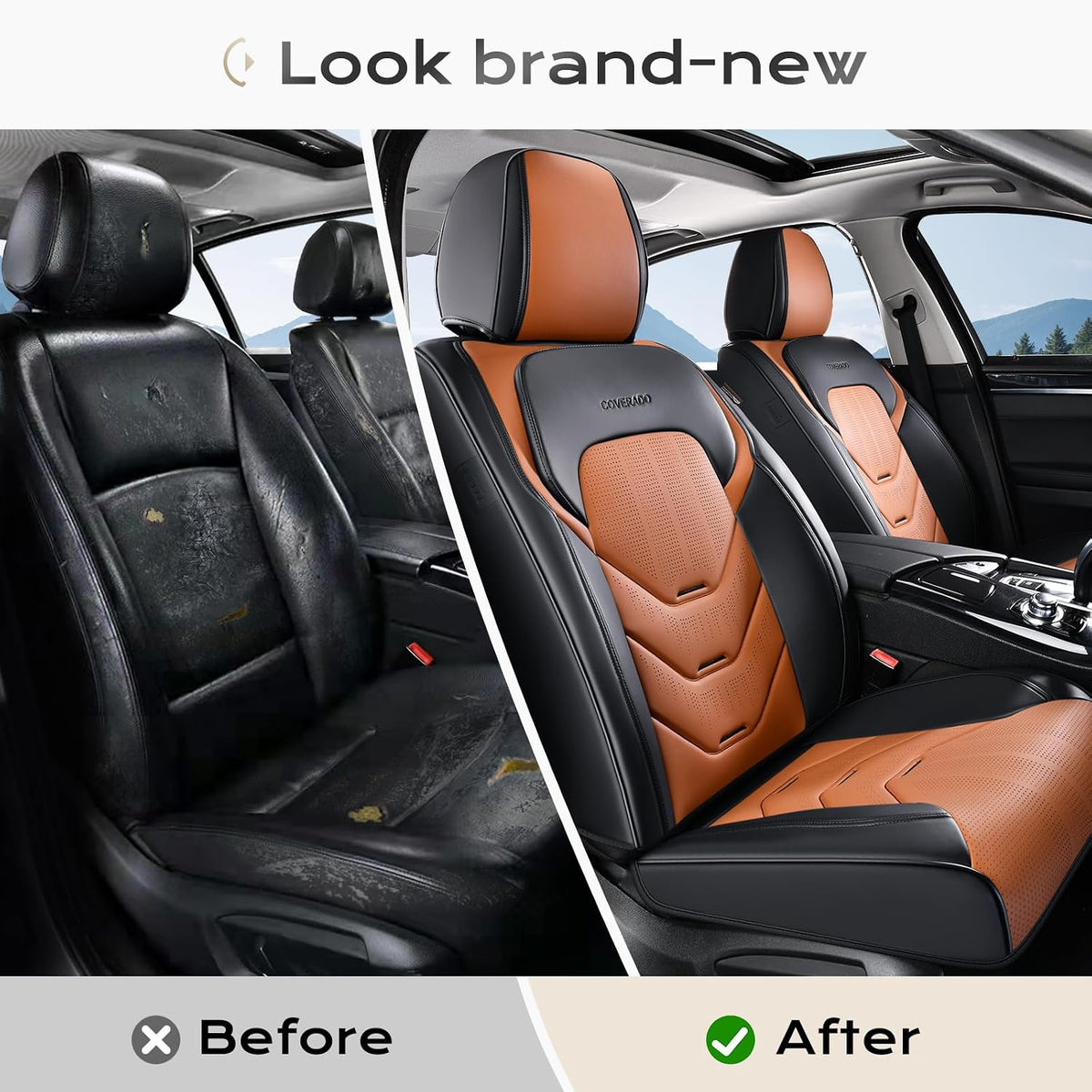 Coverado Front and Back Seat Cover, 5 Seat Leather Car Seat Covers, Black&Brown Seat Cover for Cars, Waterproof Car Seat Protector, Automotive Seat Cover, Car Seat Cushion Universal Fit for Most Cars