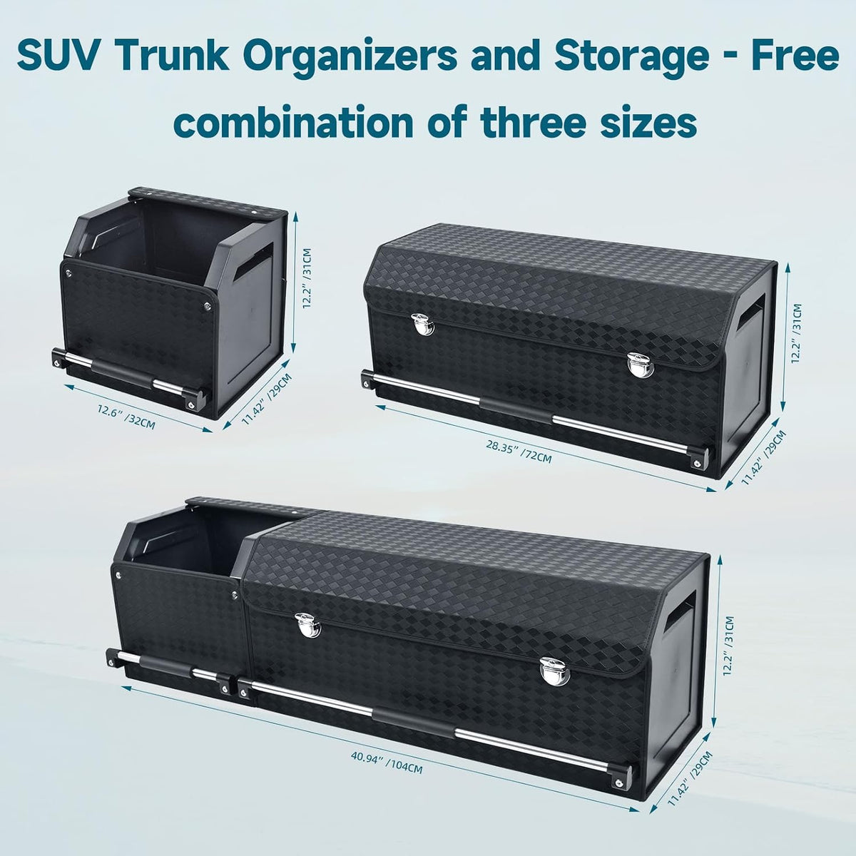 Leather Trunk Organizer, Waterproof Combination of Car Storage Organizer | 40.1*11.4*12.2in, Diamond-Pattern Leather, Heavy Duty, With Lid & Push-Pull Handle, for Groceries, Commute, Road Trips, Home